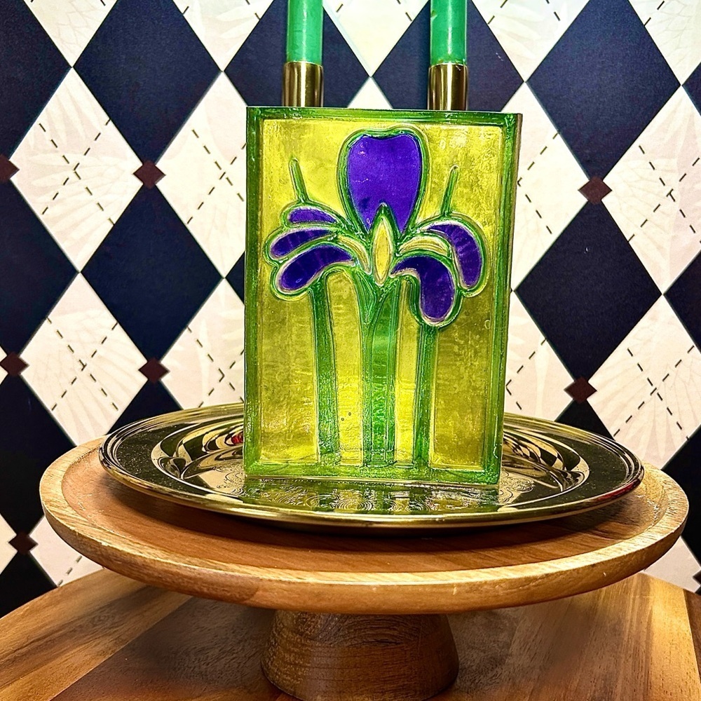 Vintage Romanian Stained Glass Vase Iris Motif| Purple & Green| Luxury Rare